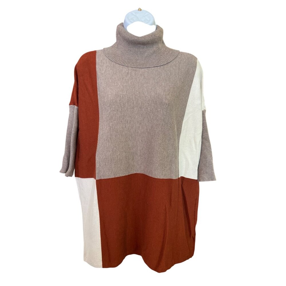 Carol Rose Sweater Dress M Colorblock Turtleneck Tunic Cozy Chic Grannycore